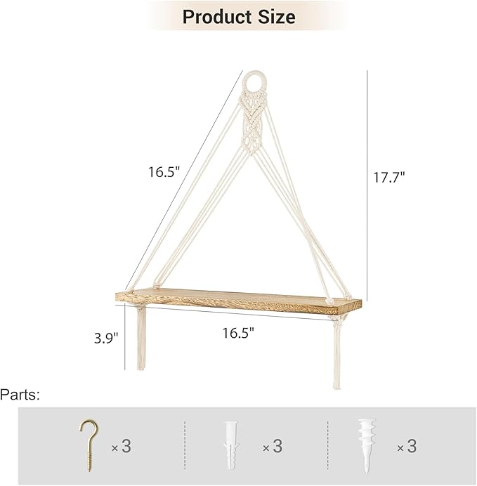 Mkono Macrame Hanging Shelves Boho Wall Decor Set of 3 Rustic Wood Floating Storage Shelf for Bedroom Bathroom Living Room Nursery Dorm Room, Display Shelving for Hanging Plants Photos-Ruum Studio Home