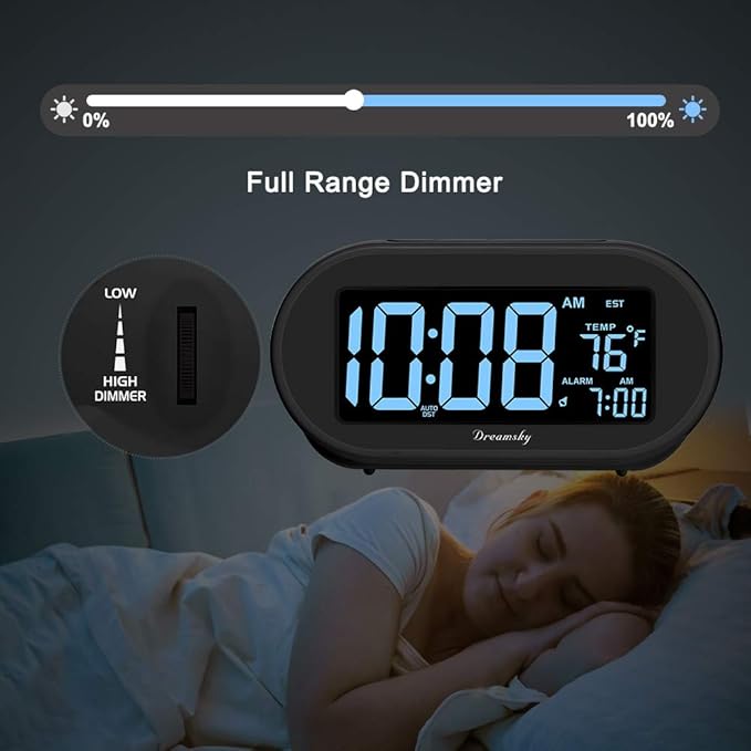 DreamSky Alarm Clocks for Bedrooms, Auto Set Digital Desk Clock for Bedside Nightstand, Electric Clock with Dimmable Brightness Dimmer, Auto DST, USB Port, Date, Temperature, Snooze-Ruum Studio Home