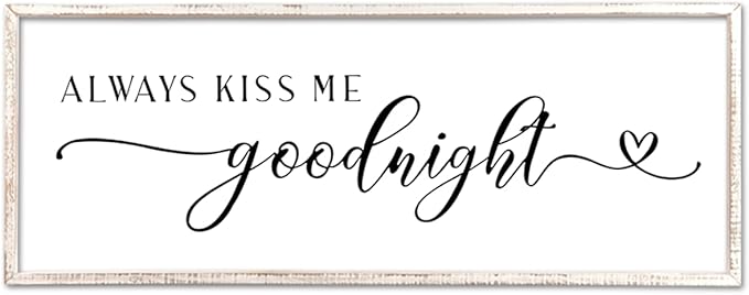 Always Kiss Me Goodnight Sign Wall Decor 40"X15" Master Bedroom Above Bed Large Wooden Framed for Couples Over Bed Wall Hanging Art (White)-Ruum Studio Home