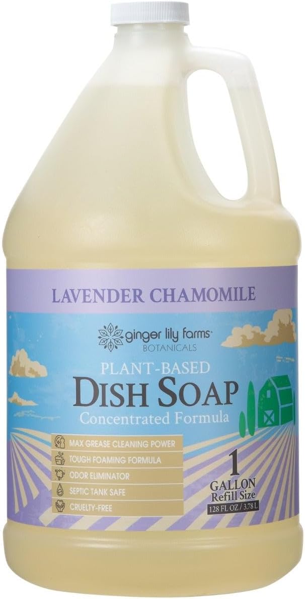 Ginger Lily Farms Botanicals Plant-Based Liquid Dish Soap, Concentrated Formula with Max Grease Cleaning Power, Cruelty-Free, Lavender Chamomile Scent, 1 Gallon Refill (128 Fl. Oz.)-Ruum Studio Home