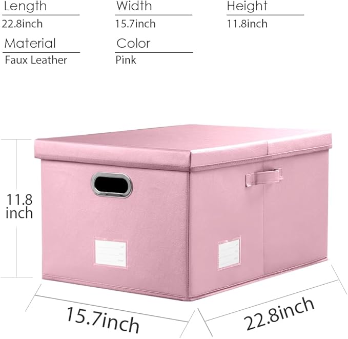 PRANDOM Collapsible Storage Box with Lid [3-Pack] Leather Fabric Foldable Storage Bin Organizer Container Basket Cube with Cover for Home Bedroom Closet Office Nursery Pink(22.8X15.7X11.8)-Ruum Studio Home