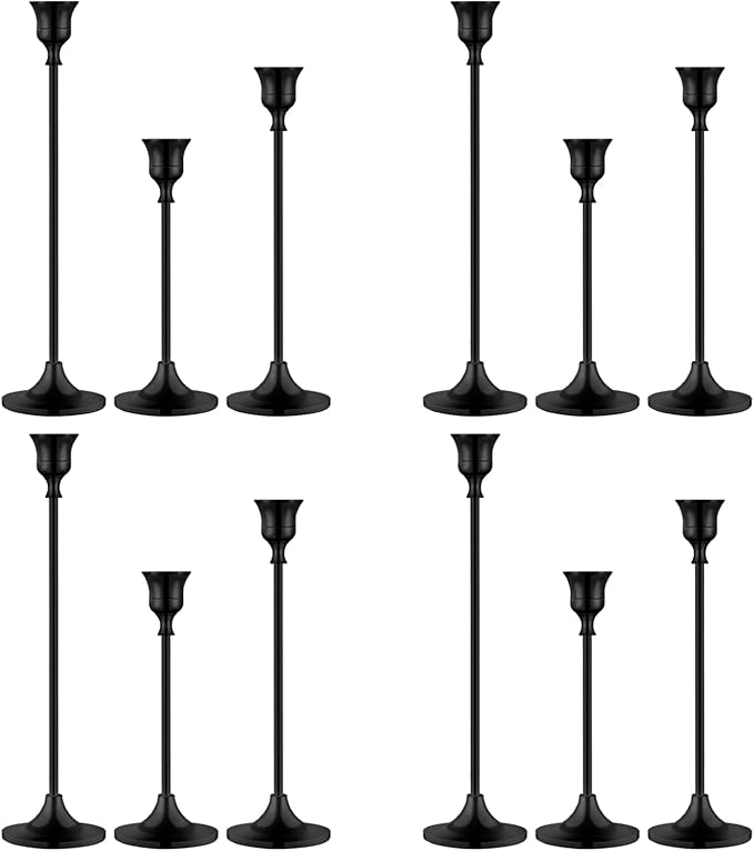 Metal Candle Holders for Candlesticks Taper Candlestick Holders Set Vintage Decorative Centerpiece Candelabra Tall Candle Stands for Halloween Thanksgiving Christmas (Matt Black, 4 Sets (12 pcs))-Ruum Studio Home