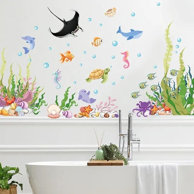 2 Sheets of 12x36 Inch Spring Summer Window Cling Sticker Fish, Plants, Aquatic Theme Window Stickers, Spring and Summer Decor, Home, Shop, Party Window, Glass, Wall Display Stickers (Aquatic Theme)-Ruum Studio Home