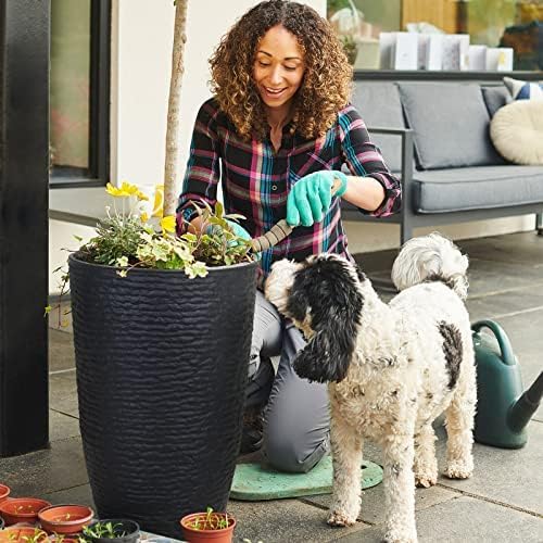 WORTH Garden 21" H Tall Planters 2 Pack - 14'' Dia Resin Large Round Black Flower Pots for Outdoor Plants Trees - Imitation Stone Finish Plastic Indoor Front Porch 9 Gallon Decorative Container Patio-Ruum Studio Home
