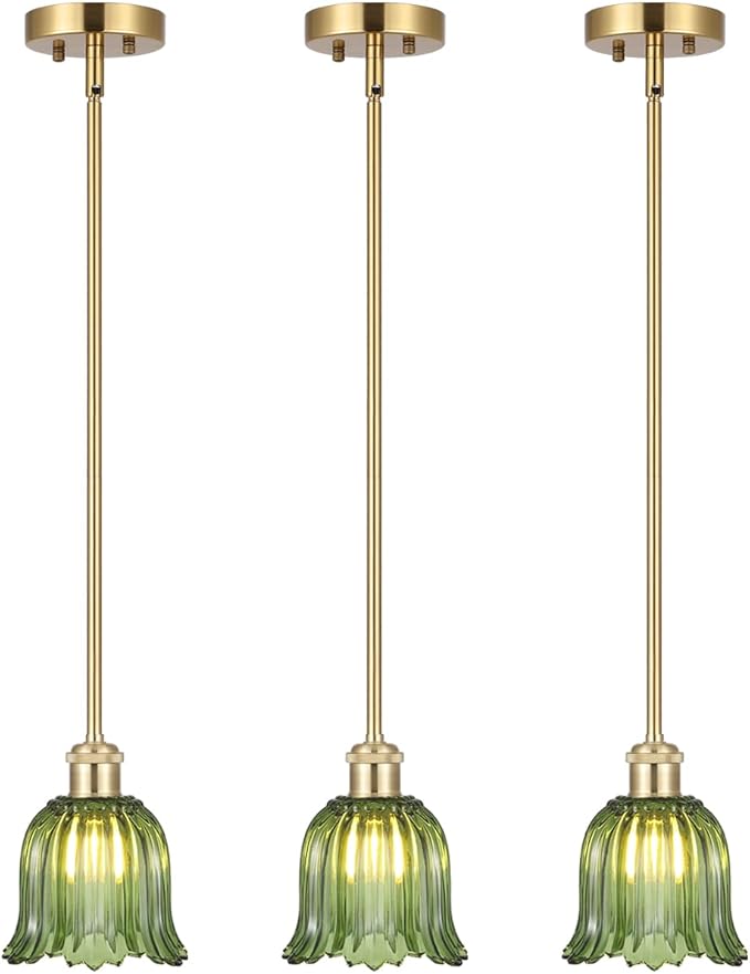 Modern Gold Pendant Light 3 Pack Brushed Brass Mid Century Chandelier Green Glass Shades Adjustable Rods Farmhouse Ceiling Hanging Lighting Fixture Kitchen Island Dining Room Bedroom-Ruum Studio Home