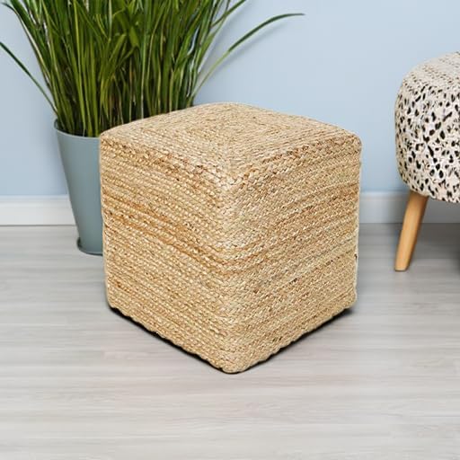 REDEARTH · Cube Pouf Foot Stool Ottoman - Jute Braided Pouffe Poof Accent Sitting Footrest for The Living Room, Bedroom, Nursery, Patio, Lounge & Other Rooms in The Home (14.5”x14.5”x16”; Natural)-Ruum Studio Home