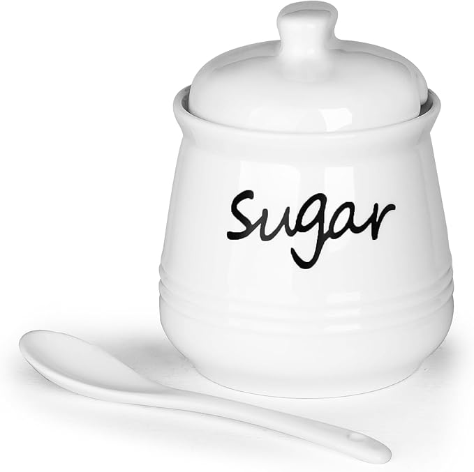 HAOTOP 12oz Sugar Bowl with Lid and Spoon,Ceramic Sugar Jar Sugar Dispenser Sugar Container Coffee Bar Accessories, Kitchen Countertop Canisters, White-Ruum Studio Home