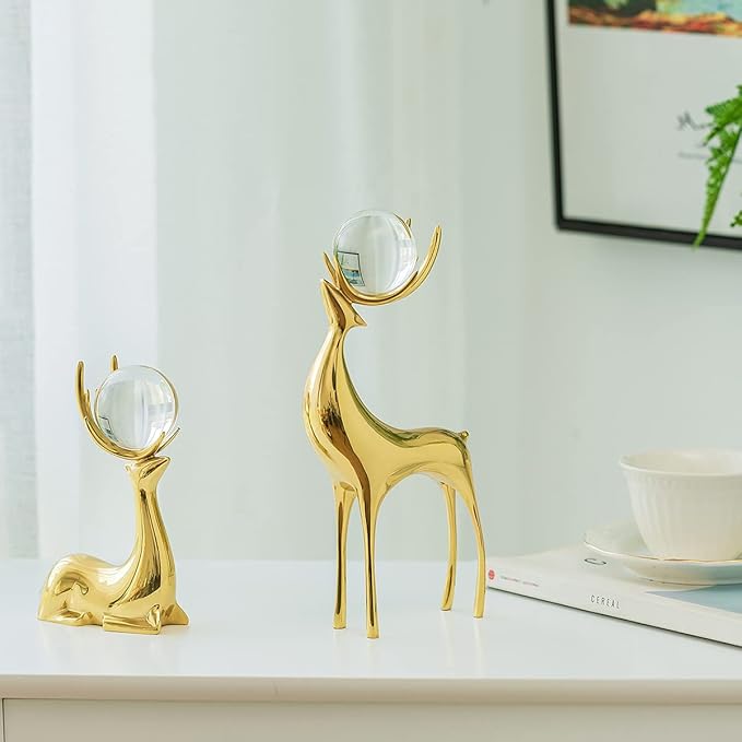 Sziqiqi Brass Reindeer Sculptures Animal Figurine Statues Christmas Deer Pure Copper Heavy Reindeer Ornaments for Home Decor Accents Living Room Office Bookself Tabletop Mantle Decoration-Ruum Studio Home