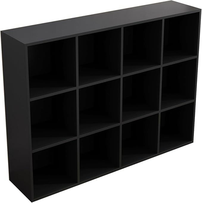 12-Cube Storage Shelf Bookcase - Wooden 3-Tier Floor Standing Open Bookshelf for Home and Office, Display Cabinet, Black-Ruum Studio Home