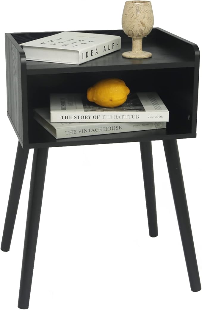 MaxSmeo Nightstand, Mid Century Modern Side Table Bedroom with Storage, Small End Bedside Table with Solid Wood Legs for Living Room, Office Small Spaces (Black)-Ruum Studio Home