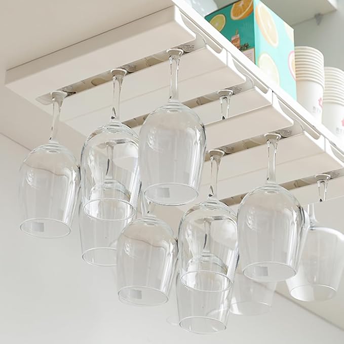 Wine Glass Holder Under Shelf or Cabinet Punch-free,Wine Glass Rack Stemware Rack Glassware Drying Storage Hanger for Kitchen,Bar and Restaurant (White)-Ruum Studio Home