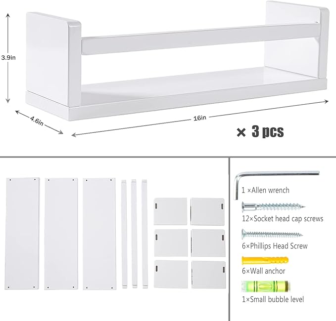 AZSKY Floating Bookshelf for Kids Room White Nursery Shelves Picture Ledge Wall Shelves for Bathroom Decor Kitchen Spice Rack Book Shelf Photo Organizer for Baby Nursery Décor 16 Inch Set of 3-Ruum Studio Home