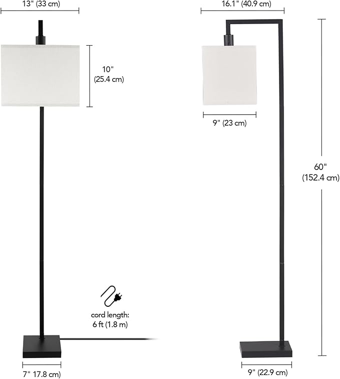 Globe Electric 61000052 60" Floor Lamp, Matte Black, Square White Fabric Shade, On/Off Rotary Switch on Socket, Square Rod, Reading Lamp, Home Office Accessories, Home Décor, Home Improvement-Ruum Studio Home