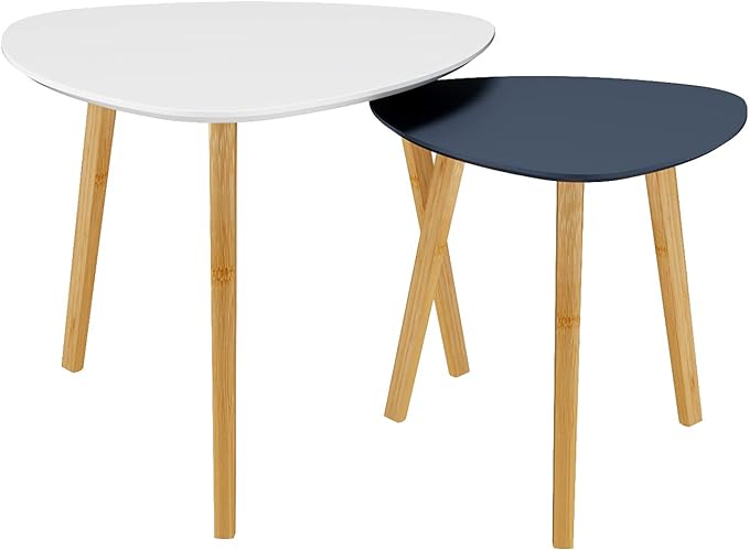 BAMEOS Bamboo Nesting Triangle End Table,Set of 2 Coffee Table Modern Minimalist Side Table for Living Room, Balcony in White & Grey-Ruum Studio Home