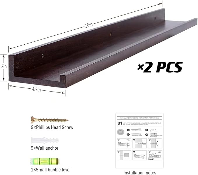 AZSKY Floating Picture Ledge 36 Inch Wall Mount Floating Shelves Long Wood Floating Book Shelves for Kids Room Wall Shelves for Bathroom Decor Deep Walnut Set of 2-Ruum Studio Home