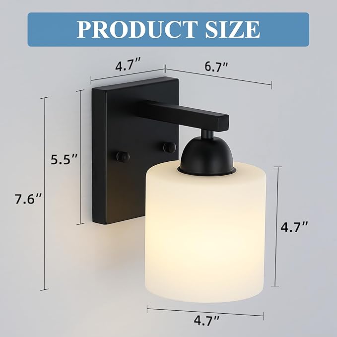 Matte Black Milk Glass Wall Sconces, 1 Pack Hardwired Indoor Wall Light Fixtures for Living Room, Hallway, Bedroom, Ceramic E26 Sockets (Bulbs Not Included)-Ruum Studio Home