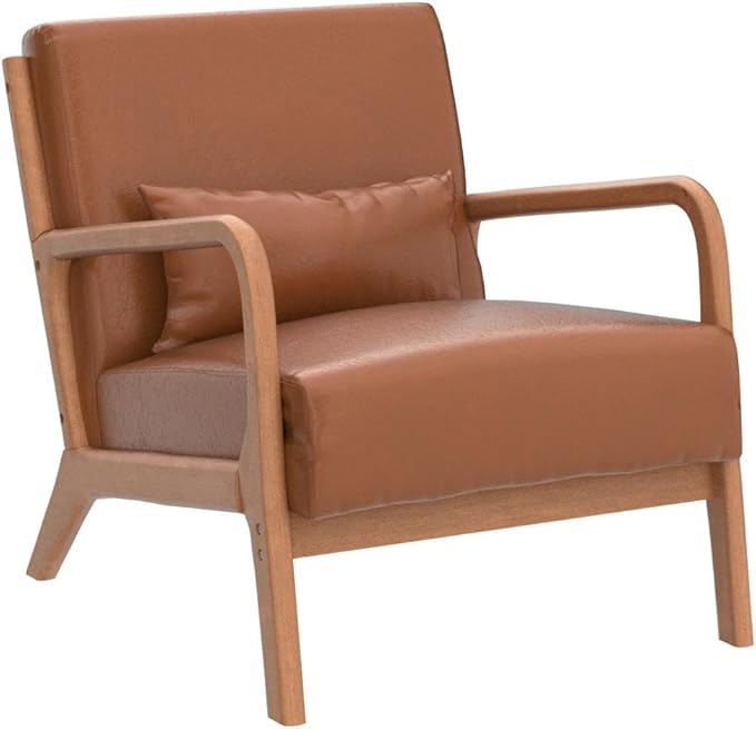 INZOY Mid-Century Modern Accent Chair Set of 2, PU Leather Reading Armchair with Waist Cushion, Upholstered Living Room Chairs for Bedroom Sunroom, Camel Set-Ruum Studio Home