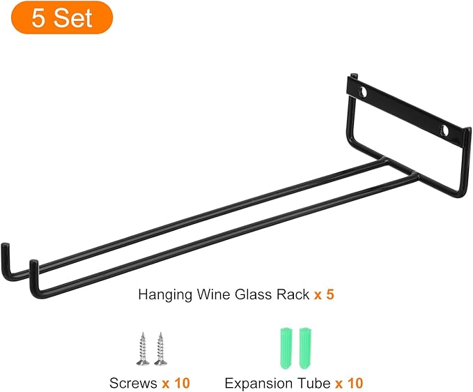 Uxcell 5-Pack Black Iron Wine Glass Rack, 11.02" Hanging Stemware Holder, Under Cabinet & Wall Mountable, Perfect for Kitchens & Bars-Ruum Studio Home