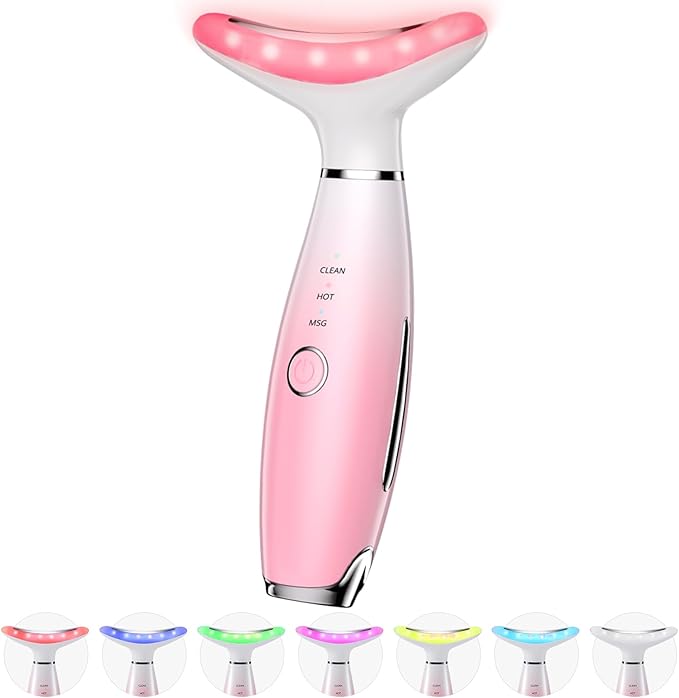 7 Color Galvanic Machines - Red Light Therapy for Face and Neck, Face Massager Tool for Wrinkles, Double Chin, Vibrating Facial Massager with Thermals, Pink-Ruum Studio Home