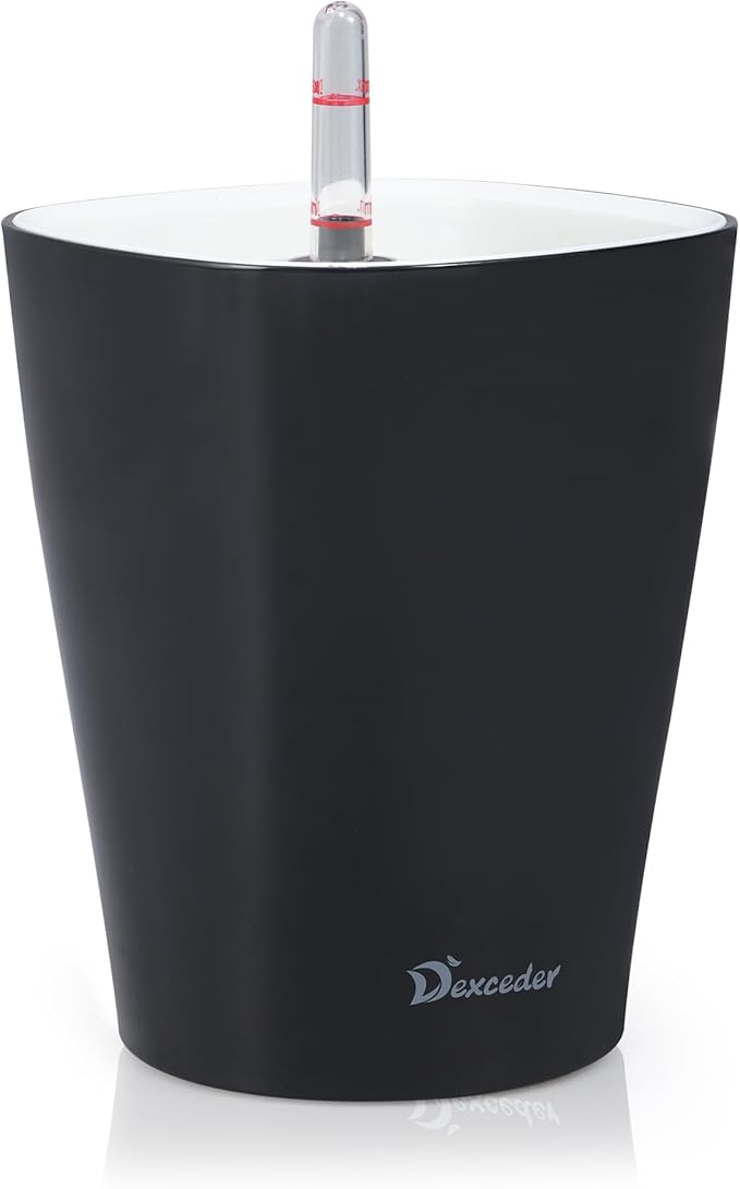 Dexceder 6x7 Self Watering Planter Indoor Outdoor, High Gloss Table Flower Plant Pot with Water Level Indicator (Black)-Ruum Studio Home