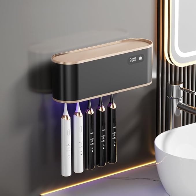 UV Toothbrush Sanitizer Holder for 4 | Wall Mounted Toothbrush Holder for Bathroom with Fan Drying | USB Rechargeable Toothbrush Cleaner & Sterilizer, No Drill Install, Modern Design (Black)-Ruum Studio Home