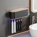 UV Toothbrush Sanitizer Holder for 4 | Wall Mounted Toothbrush Holder for Bathroom with Fan Drying | USB Rechargeable Toothbrush Cleaner & Sterilizer, No Drill Install, Modern Design (Black)-Ruum Studio Home