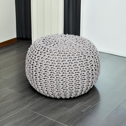 REDEARTH Round Boho Pouf Ottoman - Cable Knitted Cord Boho Pouffe - Stuffed Poof Accent Beanbag Footrest for Living Room - Nursery - Bedroom - Covered Patio - Study Nook (18”x18”x14”) - Gray-S-Ruum Studio Home