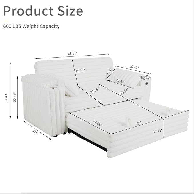 68.11" Corduroy Sleeper Chair Bed with USB Port, Cup Holders & Side Storage Pockets – 3-in-1 Foldable Sofa Bed for Guest Room, Living Room -White-Ruum Studio Home