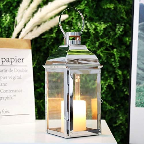 JHY DESIGN Silver Decorative Lanterns 12.5''High Stainless Steel Candle Lanterns with Tempered Glass for Indoor Outdoor Events Parities and Weddings Vintage Style Hanging Lamps-Ruum Studio Home