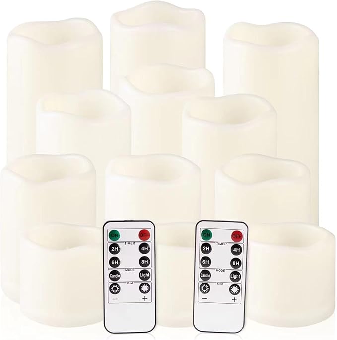 Flameless Battery Operated Outdoor Waterproof Set of 12(D: 3" x H: 3" 4" 5" 6") Pillar LED Candles with 10-Key Remote and Cycling 24 Hours Timer-Ruum Studio Home