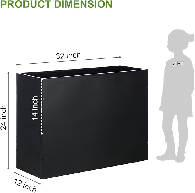 Metal Rectangular Planter Box Tall Planters for Outdoor Plants Modern Heavy Duty with Drainage Holes for Outside Indoor Patio Deck - Black, 32”x 12”x 24”-Ruum Studio Home