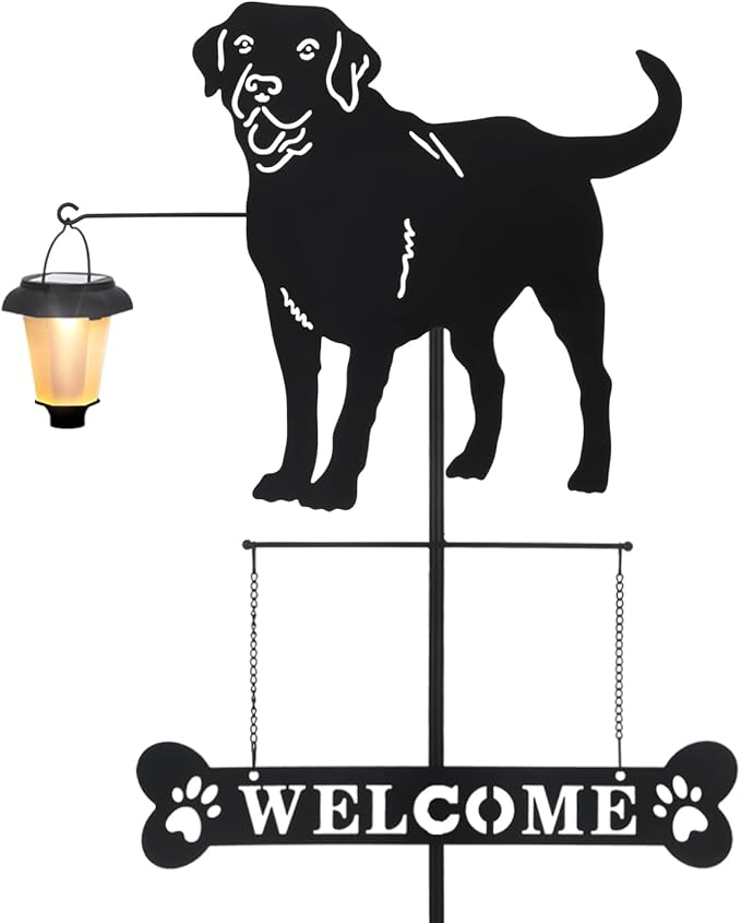 BAYN Solar Labrador Silhouette Dog Breed Welcome Sign with a Lantern Outdoor Decorative Garden Stakes for Yard, Lawn, Patio, Pathway-Ruum Studio Home