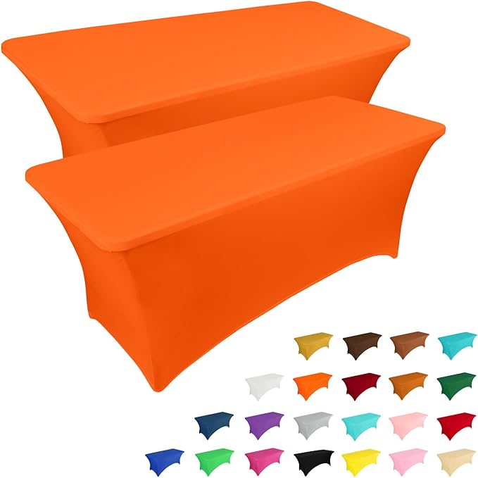 IVAPUPU 2 Pack 8FT Table Cloth for Rectangular Fitted Events Stretch Orange Table Covers Washable Cover Spandex Tablecloth Protector for Party, Wedding, Cocktail, Banquet, Festival-Ruum Studio Home