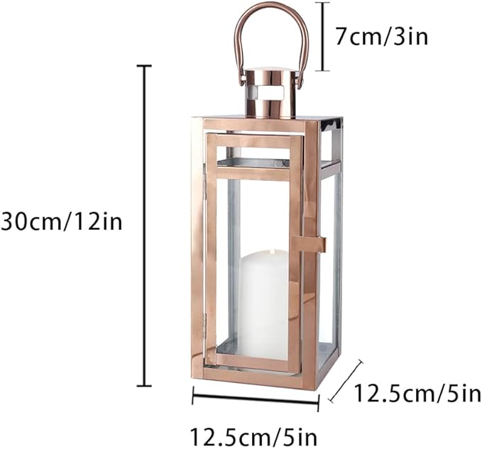 TRIROCKS Stainless Steel Decorative Lantern 12'' High Metal Candle Holder with Clear Glass Panels Perfect for Home Decor Living Room Parties Events Tabletop Indoors Outdoors (Rose Gold)-Ruum Studio Home
