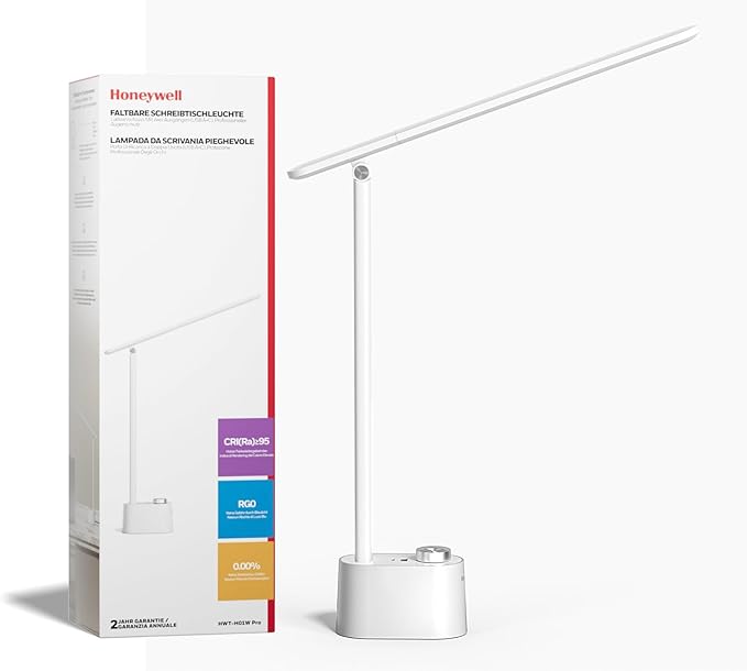 Honeywell Upgraded LED Desk Lamp - H01 Pro Sunturalux™ Foldable Desk Light with USB A+C Charging Port, 3 Color Modes Dimmable Table Lamp for Home Office Reading(White)-Ruum Studio Home