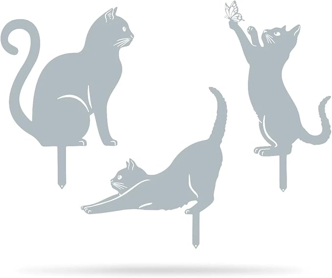 RealSteel I 3 Pack Steel Cat Garden Decor I Outdoor Yard Decorations I Gift for Cat Lovers I Lawn Ornaments and Statues I Garden Signs Decorative Outdoor - Textured Silver-Ruum Studio Home