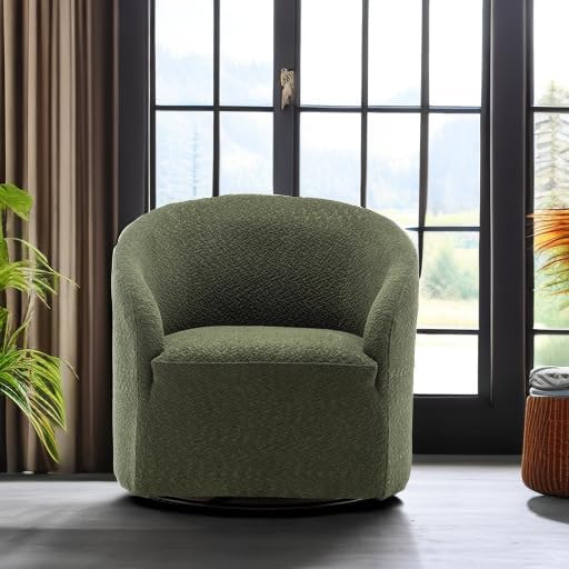 KINWELL 32" Wide Modern Boucle Swivel Barrel Chair, No Assembly Round Upholstered Swivel Accent Armchair for Living Room, Bedroom, Office (Green)-Ruum Studio Home