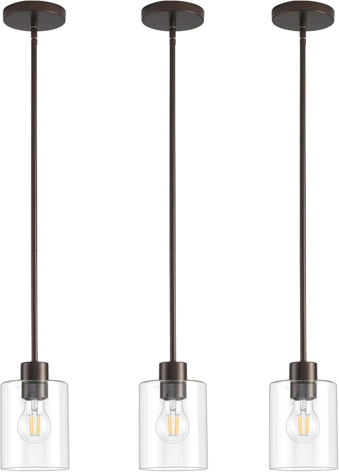 Oil Rubbed Bronze Pendant Lights Kitchen Island - Clear Glass Pendant Light Fixture Multiple Stems Rods 3 Units 12 Inch 3 Units 4 Inch (3 Pack Oil Rubbed Bronze Downrod)-Ruum Studio Home