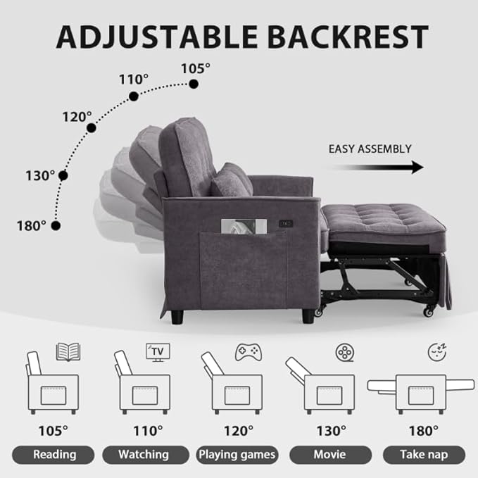 Convertible Sofa Bed, 3 in 1 Pull Out Couch, Loveseat Sleeper with Side Pocket, Living Room Sofa with Adjustable Backrest | USB Charging Port | Two Pillows | Towel Fabric | Dark Gray-Ruum Studio Home