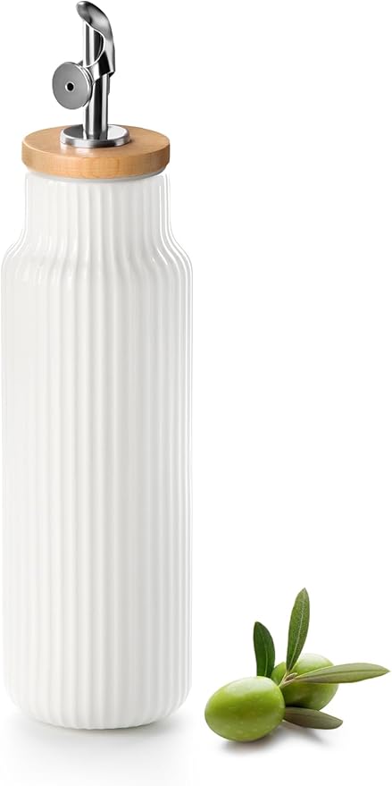Nucookery Ceramic Olive Oil Dispenser Bottle for Kitchen, 14 oz Opaque Vinegar Dispenser Bottle, Large Capacity Cooking Oil Container for Storage Vinegar, Soy Sauce, Coffee Syrup, White-Ruum Studio Home