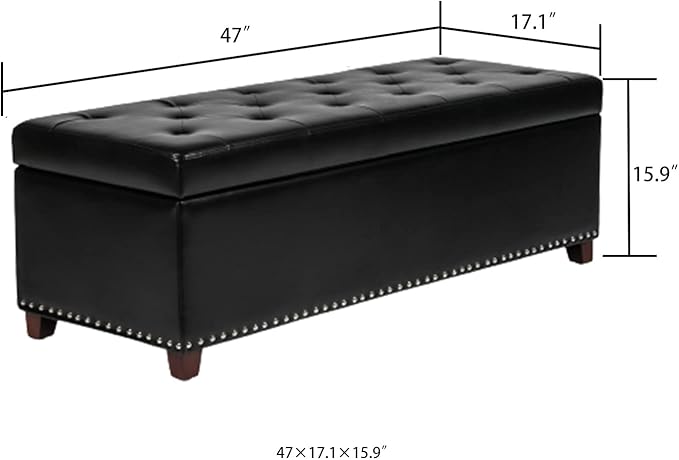 Joveco 47 Inch Storage Ottoman Bench,Tufted Leather Storage Bench with Nailhead Trim for Bedroom (47”,Black)-Ruum Studio Home