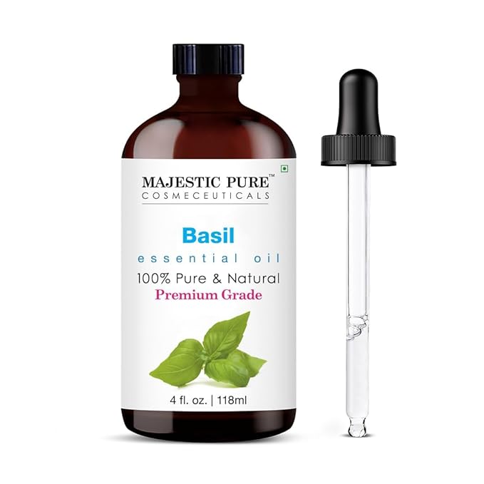 Majestic Pure Basil Essential Oil with Glass Dropper - Huge 4 Fl Oz - 100% Pure and Natural Basil Oil - Premium Grade Essential Oils for Diffuser, Aromatherapy, Soap and Candle Making-Ruum Studio Home