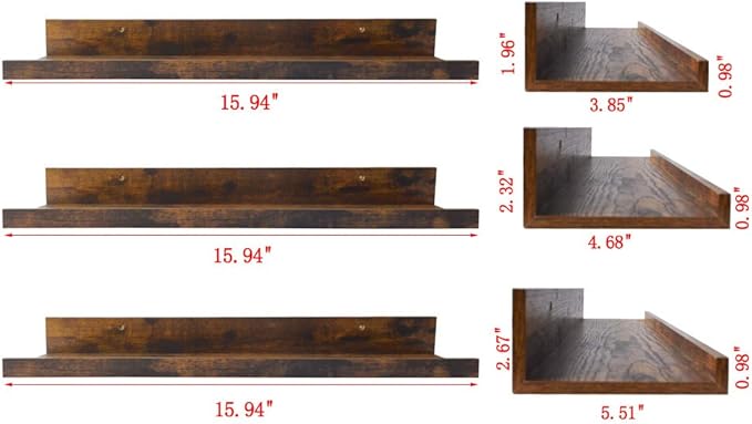 Giftgarden 16 Inch Floating Shelves for Wall Set of 3, Rustic Wall Mounted Picture Ledge Wooden Wall Shelf for Living Room Bedroom Kitchen Bathroom, 3 Different Sizes-Ruum Studio Home