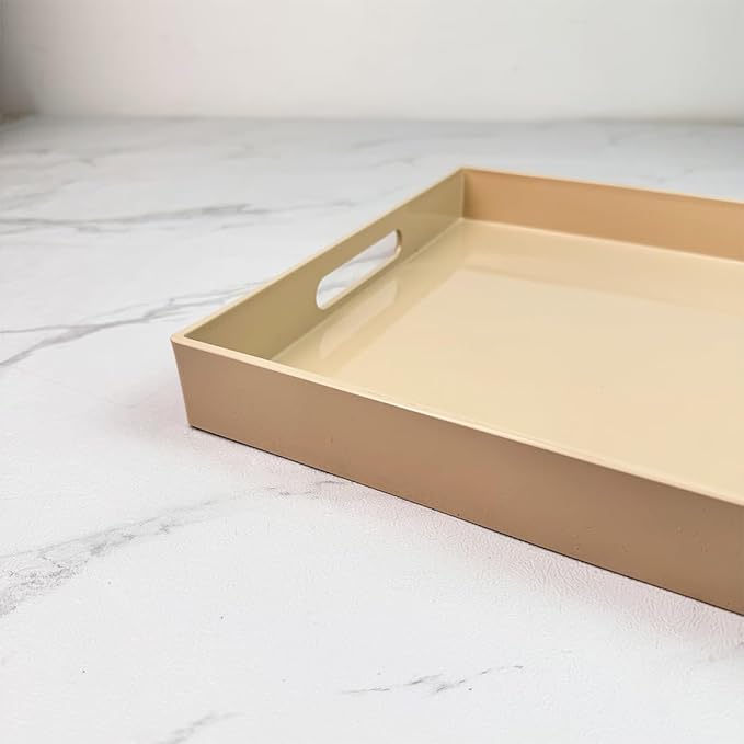 Beige Decorative Tray, Rectangular Large Serving Tray with Handles, Plastic Coffee Table Tray for Ottoman, Living Room, Kitchen Tabletop, 15.7” x 11.8” x1.6”-Ruum Studio Home