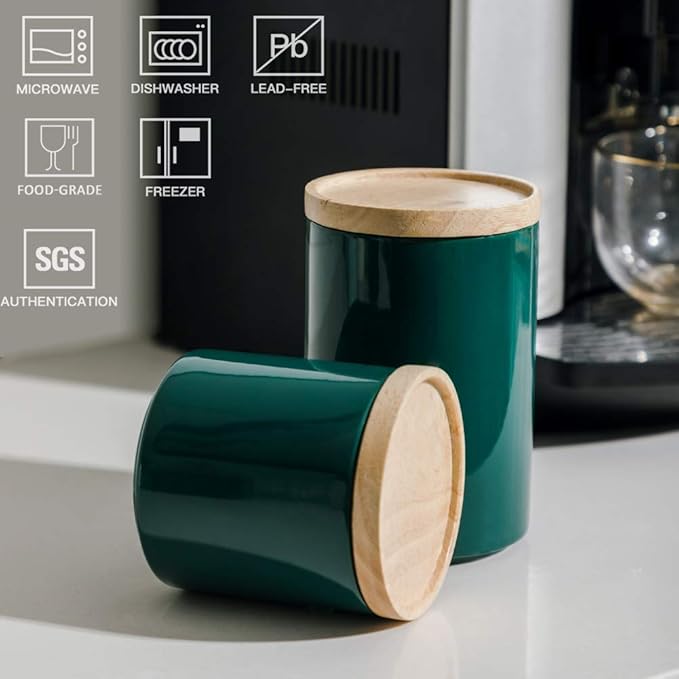 Sweejar Kitchen Canisters Ceramic Food Storage Jar, Stackable Containers with Airtight Seal Wooden Lid for Serving Ground Coffee, Tea, Sugar, Salt and More - 16 Fl Oz (Jade)-Ruum Studio Home