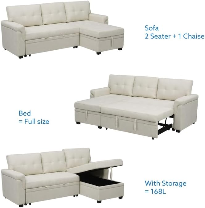 Naomi Home Transform Any Space: Sleeper Sectional Sofa with Convertible Sofa Bed & Inviting Chaise. Find Tranquil Comfort with Stress-Relieving Design & Durable Cushions - Cream/Velvet-Ruum Studio Home