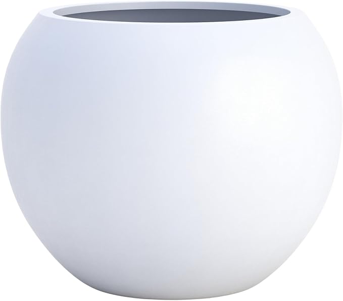DTY Signature Mount Sherman Lightweight Durable Modern Fiberstone Sphere Planter for Indoor & Outdoor Drainage Hole & Rubber Plug Weather Resistant, 17" H x 21" Dia, 14.4" Opening - Large, White-Ruum Studio Home