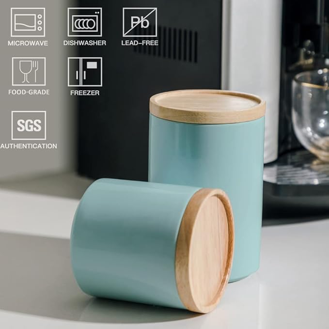 Sweejar Kitchen Canisters Ceramic Food Storage Jar, Stackable Containers with Airtight Seal Wooden Lid for Serving Ground Coffee, Tea, Sugar, Salt and More - 28 Fl Oz (Dark Turquoise)-Ruum Studio Home