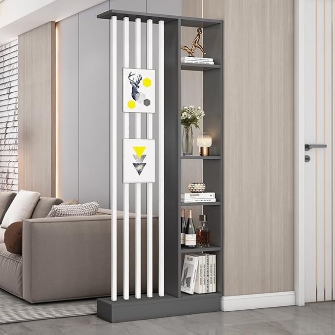 Wall Room Divider, Storage Cabinet Storage Display with Shelves, Modern Freestanding Wood Room Divider Screen, Wall Privacy Screens for Home Decorative (Grey+White,31.5" L x 9.5" W x 79.5" H)-Ruum Studio Home