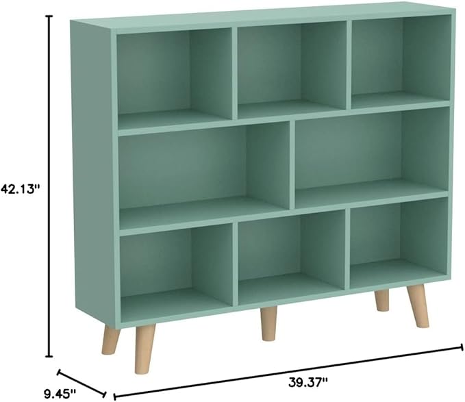 IOTXY Wooden Open Shelf Bookcase - 3-Tier Floor Standing Display Cabinet Rack with Legs, 8 Cubes Bookshelf, Tiffany-Green-Ruum Studio Home